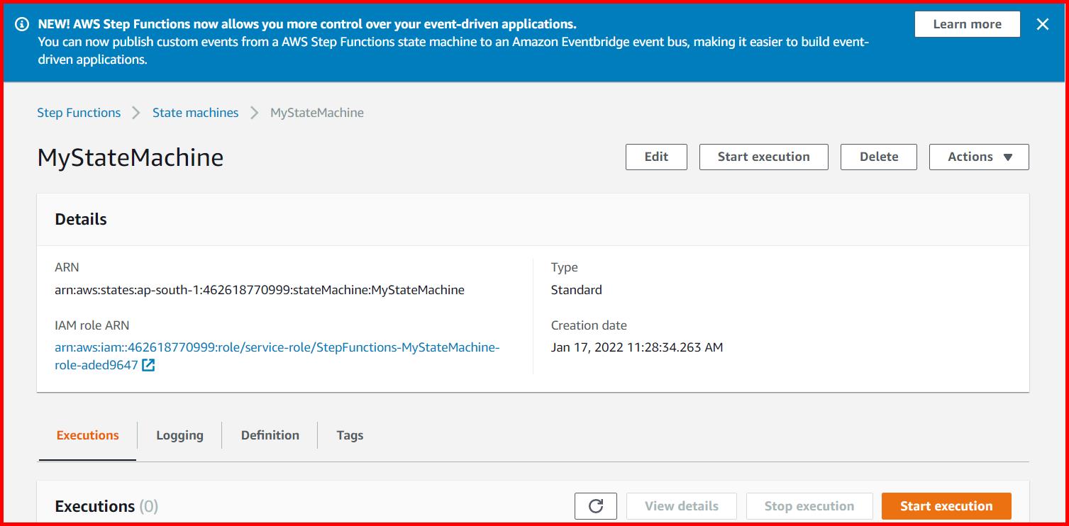 Picture showing the Start execution button for starting the execution of step function